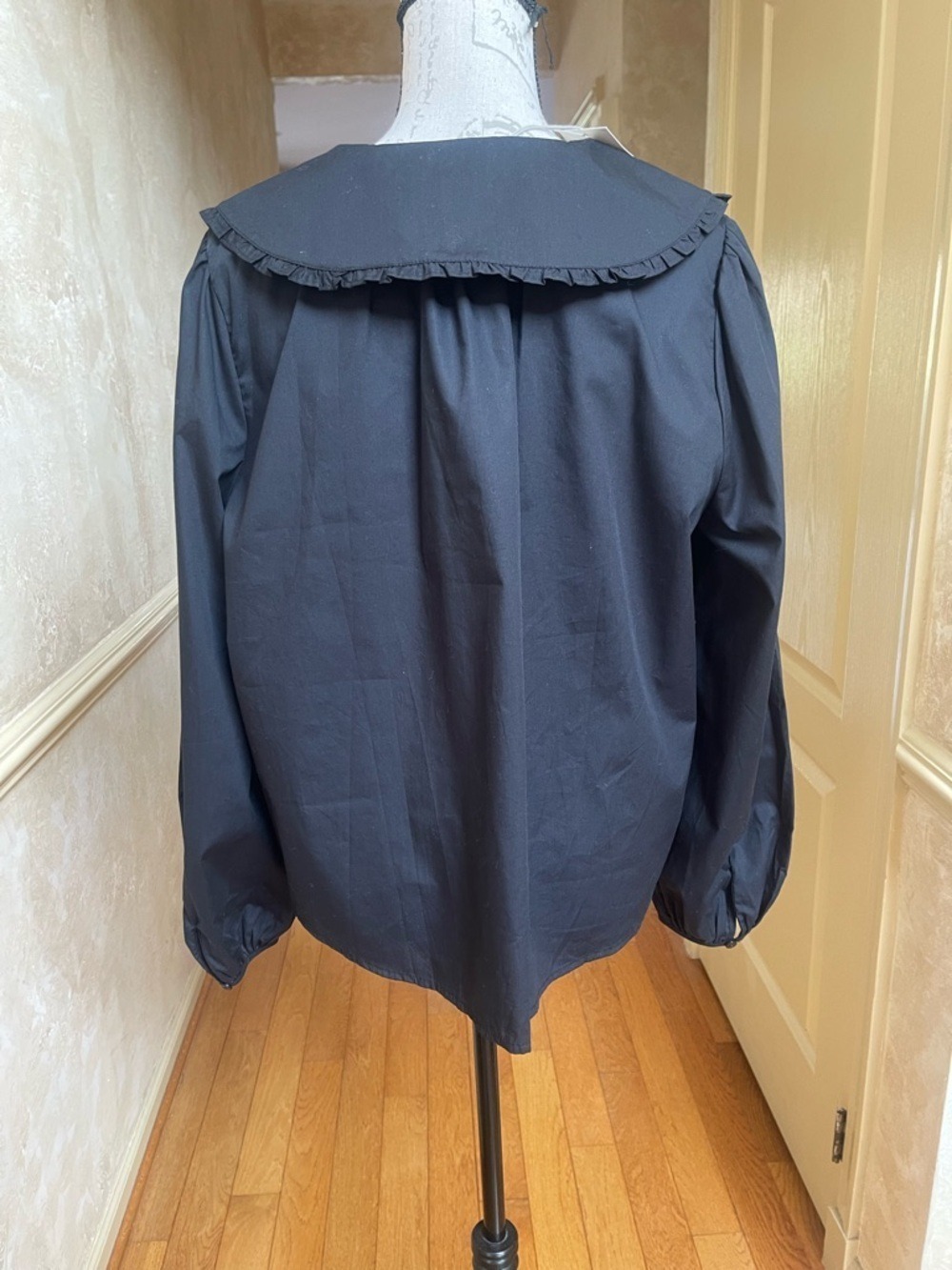 A New Day NWT Black Ruffle Peter Pan Collar Blouse Puff Sleeve Cotton Top XL - Picture 6 of 12